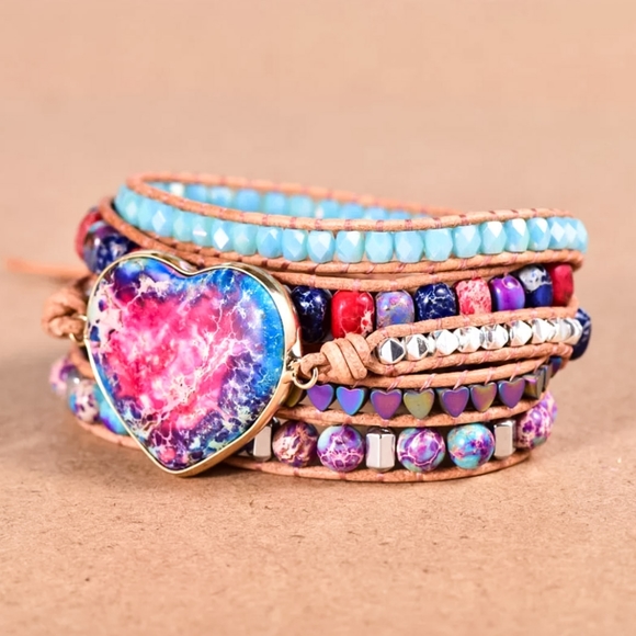 Jasper Gemstone Leather Wrap Beaded Bracelet | Handmade Beaded Wrap Bracelet - Picture 6 of 9